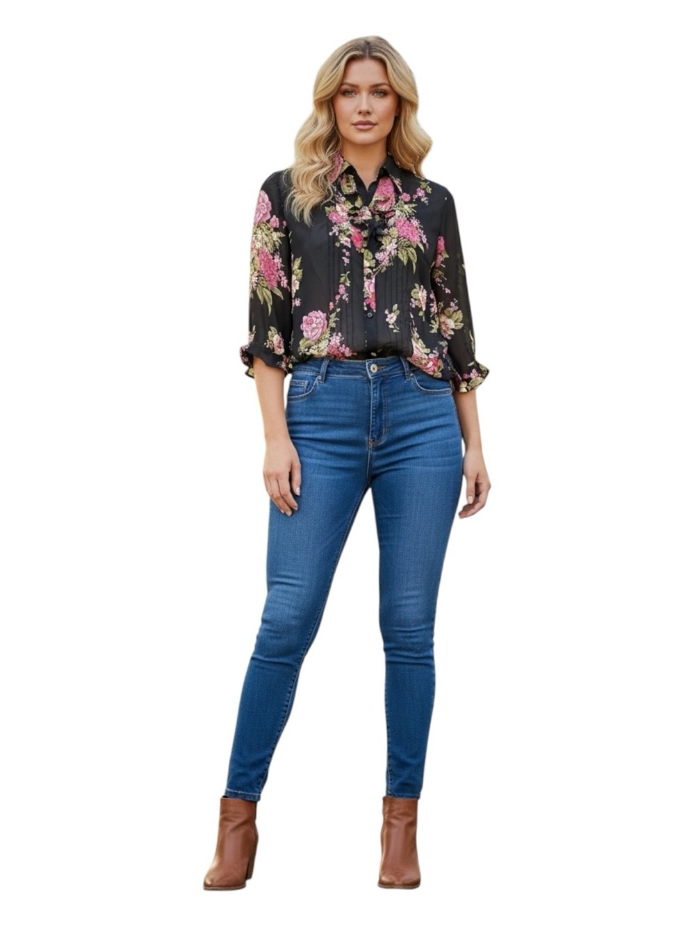 Preview International Plus Size 2X Black Floral Ruffle-Neck Blouse with Flowers